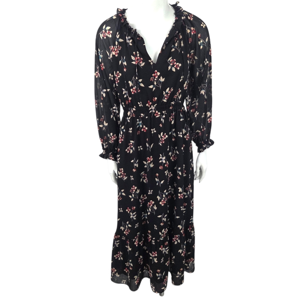 Madewell Botanical Floral Maxi Dress Womens Small Tiered Skirt Long Sleeve Black